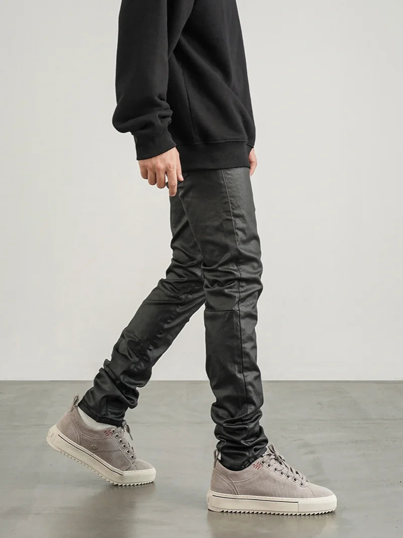 men pants high street wax coating pant casual streetwear hip hop zipper trousers harajuku fashion slim fit skinny pants joggers relaxed fit joggers