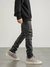 men pants high street wax coating pant casual streetwear hip hop zipper trousers harajuku fashion slim fit skinny pants joggers relaxed fit joggers