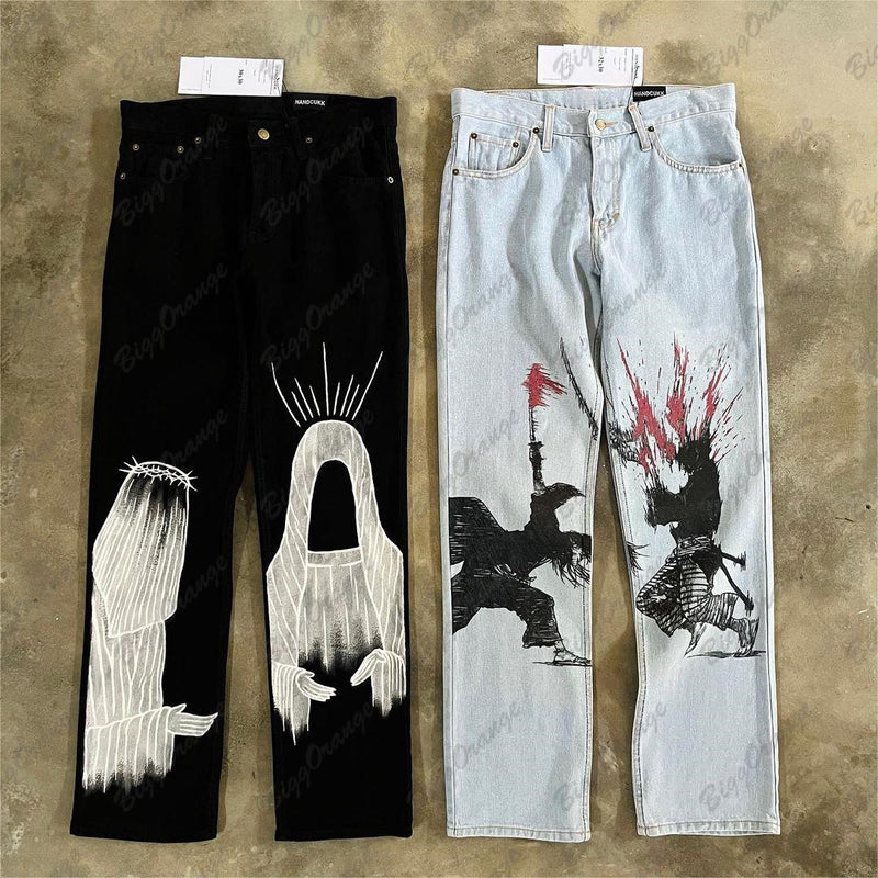 y2k medieval samurai print jeans vintage high street hip hop loose wide leg mens and womens trousers baggy jeans women unique jeans style 3218