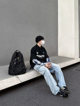 street japanese mens set embroidered fake two piece patchwork tops hip hop washed jeans 2 piece harajuku suits y2k streetwear unique jeans style 4758