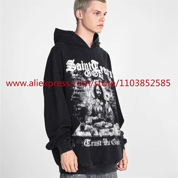 2024 New Vintage Letter Printed Mens Hooded Sweatshirt Long Sleeved Cl