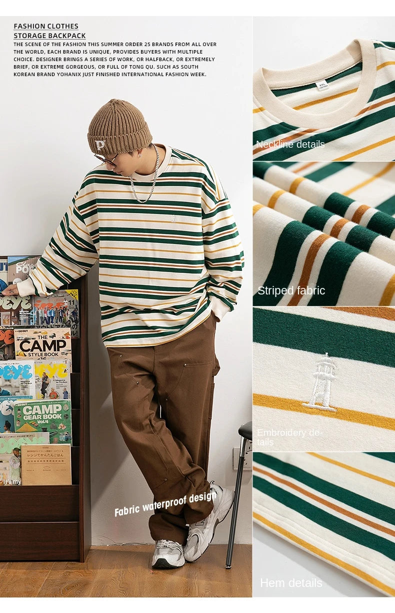Vaporwave Oversized shirt – Embroidered Striped Contrast Round Neck Cotton Sweatshirts A