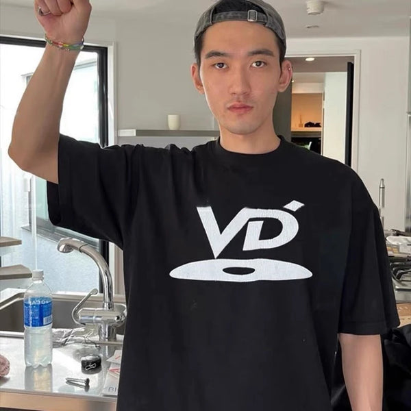 Vintage High Street Black and White Disc Letter Embroidered Round Neck Short Sleeve Heavy Duty Casual Loose T-shirt Hip Hop