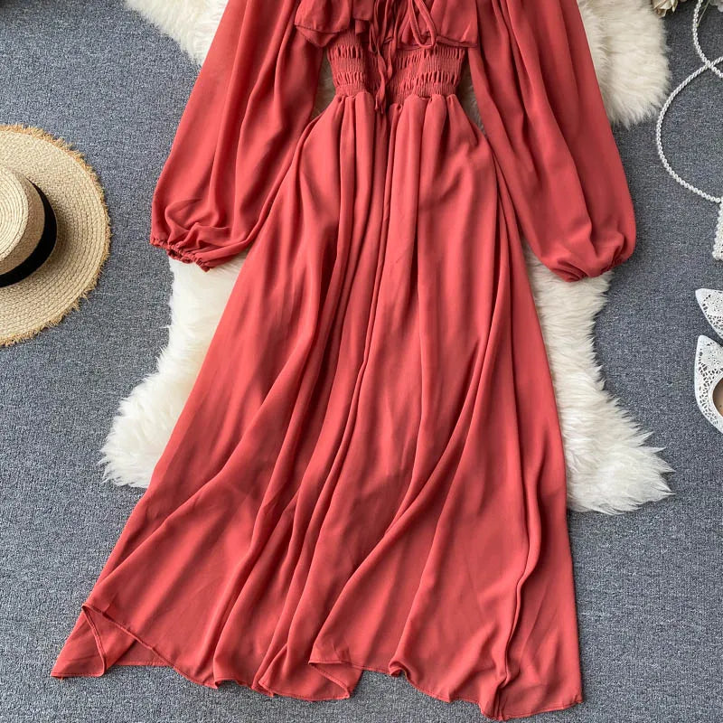 Chic Elegant Square Collar Maxi Dress Women Solid Chiffon Puff Sleeve Dresses 2023 Korean Fashion Vintage Ruffle Vestidos