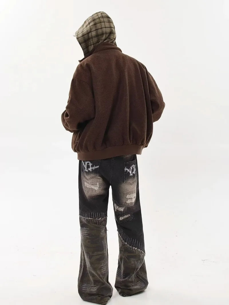 American Hoodie Mens Detachable Hat Grid Pattern Color Block Loose Fak