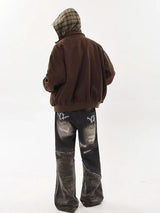 American Hoodie Mens Detachable Hat Grid Pattern Color Block Loose Fak