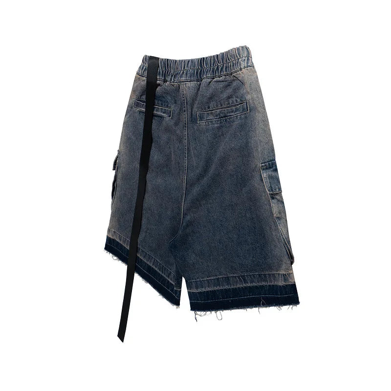 Men's and Women's High Street Vintage Splicing Cat Whisker Cargo Denim Shorts Zip Up Raw Edges Pockets Mens Jeans Shorts Ribbon