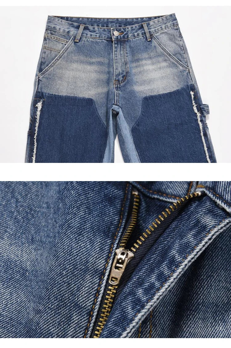 patchwork design denim flare jeans pants men casual zipper straight biker trousers jeans fashion streetwear hip hop jean joggers unique joggers style 2615