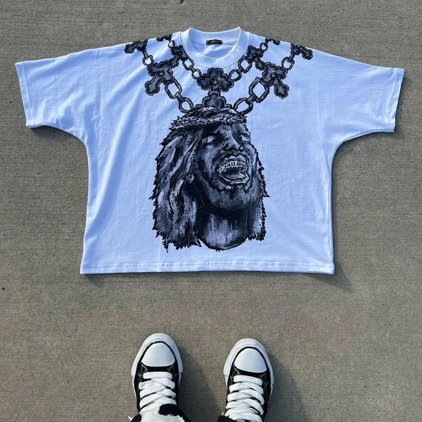 urban glitch tee with anime flame design and vaporwave elements