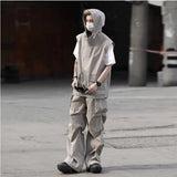 summer casual sleeveless set men hip hop loose hooded vest pockets straight leg cargo pants 2 piece outdoors sports camp suit unique cargo style 4404