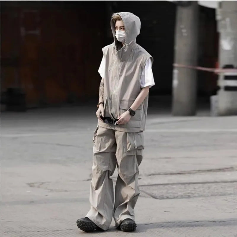summer casual sleeveless set men hip hop loose hooded vest pockets straight leg cargo pants 2 piece outdoors sports camp suit unique cargo style 4404