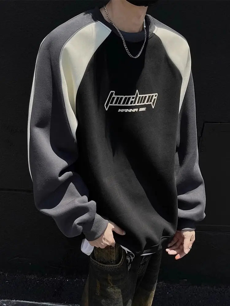 Trendy Personality Korean Motorcycle Style Round Neck Sweatshirt Men 2024 Spring Autumn Niche Contrasting Color Pullover Hot Top