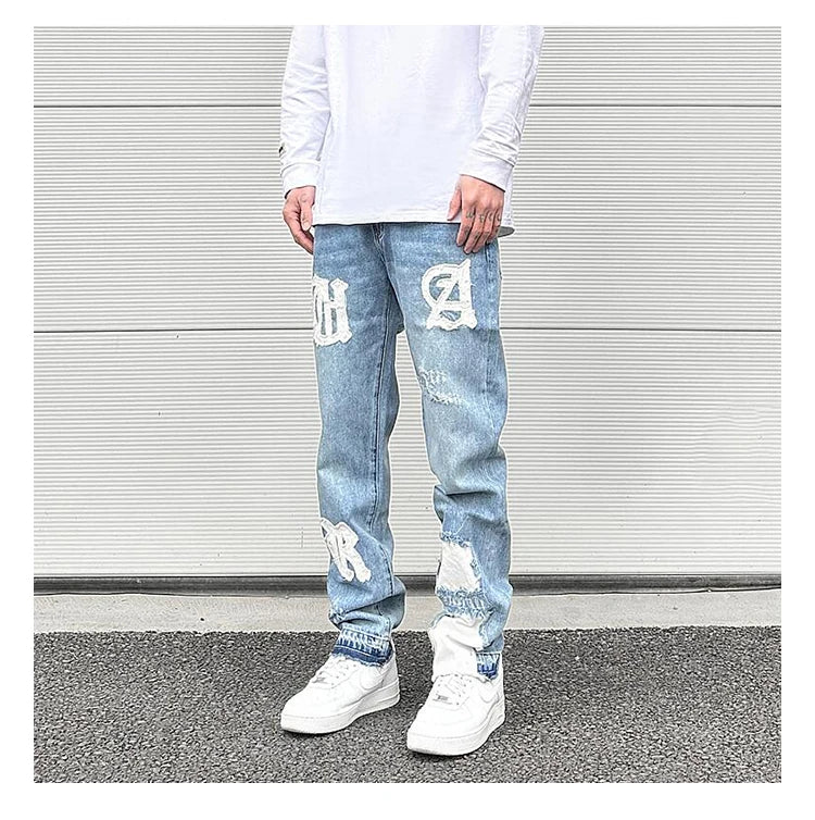 letters patckwork bottom ripped denim jeans men casual straight biker trousers fashion streetwear hip hop jean pants joggers unique joggers style 3733