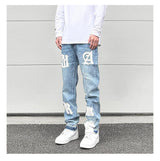 letters patckwork bottom ripped denim jeans men casual straight biker trousers fashion streetwear hip hop jean pants joggers unique joggers style 3733