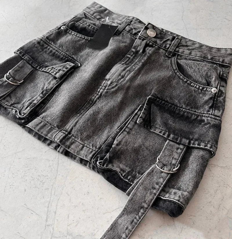 Vintage Y2K New Harajuku Multiple Pockets Denim Plaid Skirt Goth Black Mini Skir Fashion Womens Casual Versatile Sexy Streetwear