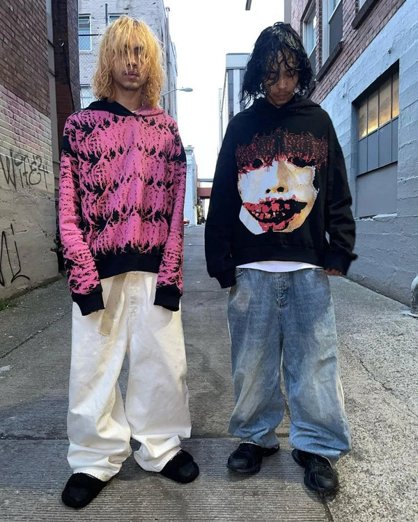 Y2K American Street Fashion Anime Letter Graffiti Print Oversized Hood