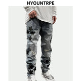 fashion ripped destroied jeans trousers distressed biker jeans with stars high street slim pants joggers denim jeans for men casual joggers