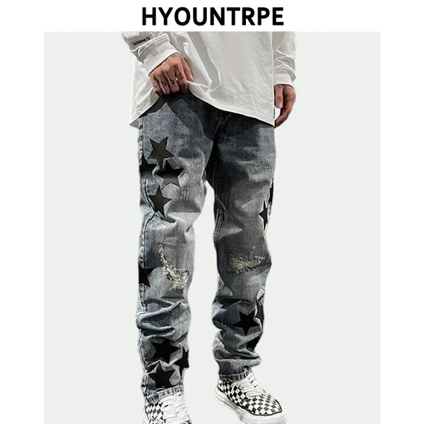 fashion ripped destroied jeans trousers distressed biker jeans with stars high street slim pants joggers denim jeans for men casual joggers