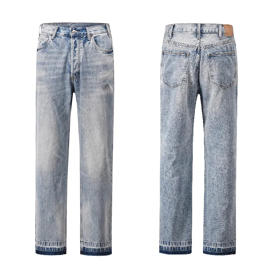 kanye west heavy industry high street jeans straight tube washed knives cut ground edges sagging jeans pants holes for men unique jeans style 2021