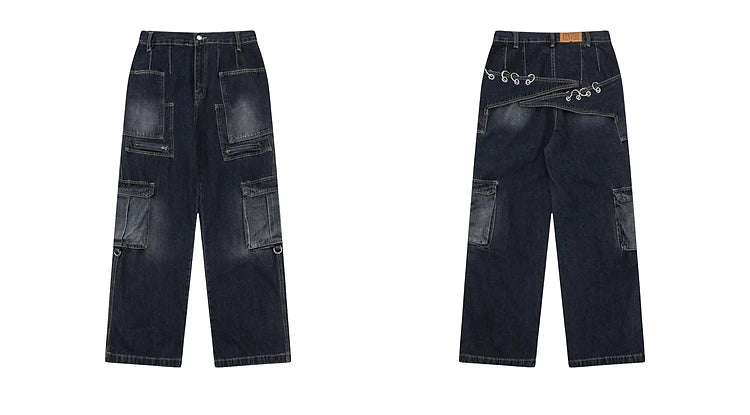 fashion punk rings streetwear loose pants unisex casual multiple pockets wide legs jean pants hip hop joggers men baggy jeans unique joggers style 1506