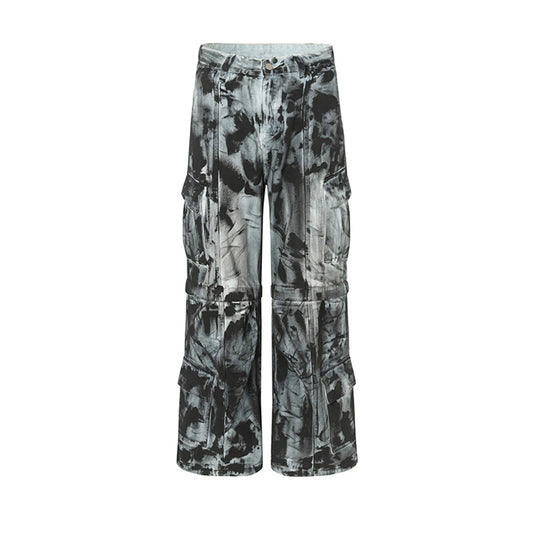 vintage dirty tie dye baggy jeans men multi pocket loose white straight jeans trousers luxury designer oversized denim pant unique jeans style 2934
