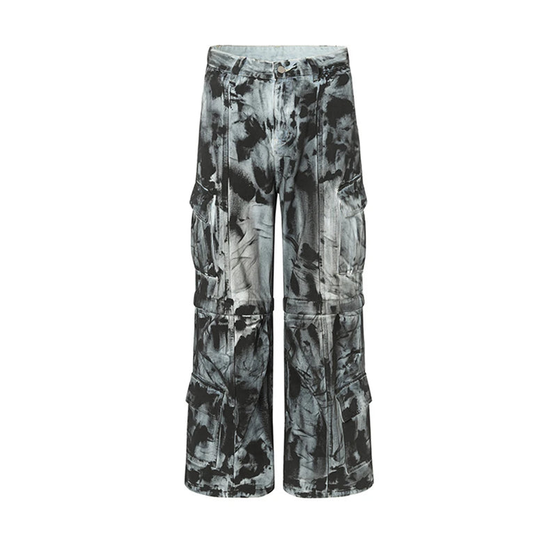 vintage dirty tie dye baggy jeans men multi pocket loose white straight jeans trousers luxury designer oversized denim pant unique jeans style 2934