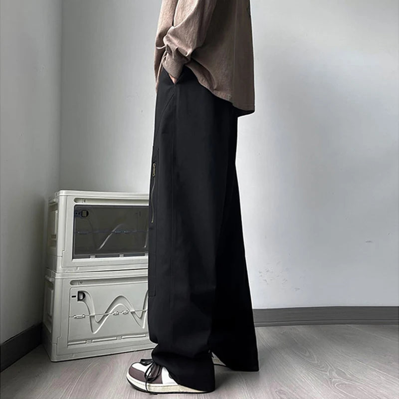 new korean fashion cargo straight pants for men autumn casual zipper pocket drawstring trousers classic tactical y2k pantalones unique cargo style 239