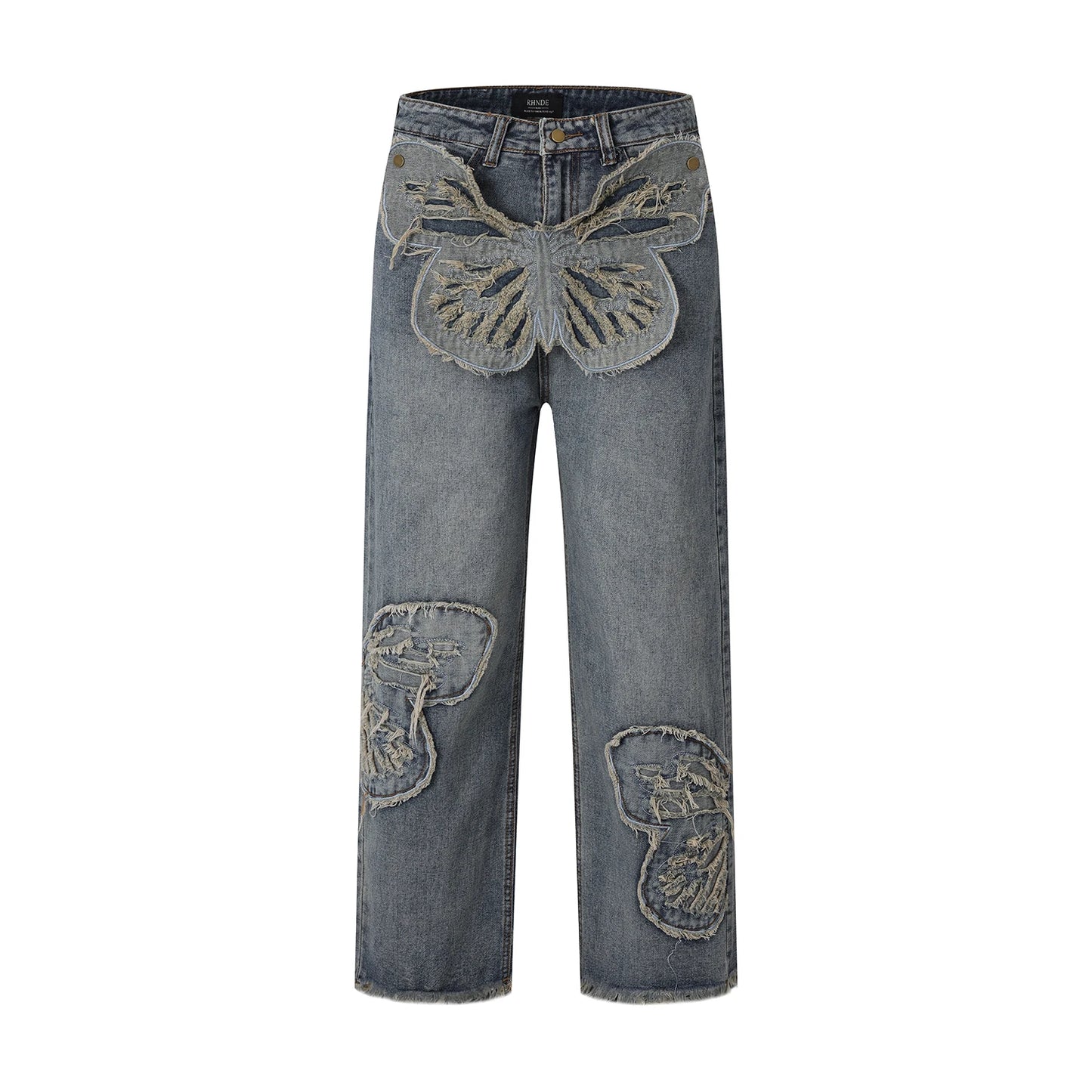 butterfly patches embroidered washed straight vintage baggy fitting jeans for men high street distressed jeans pants women urban skinny jeans