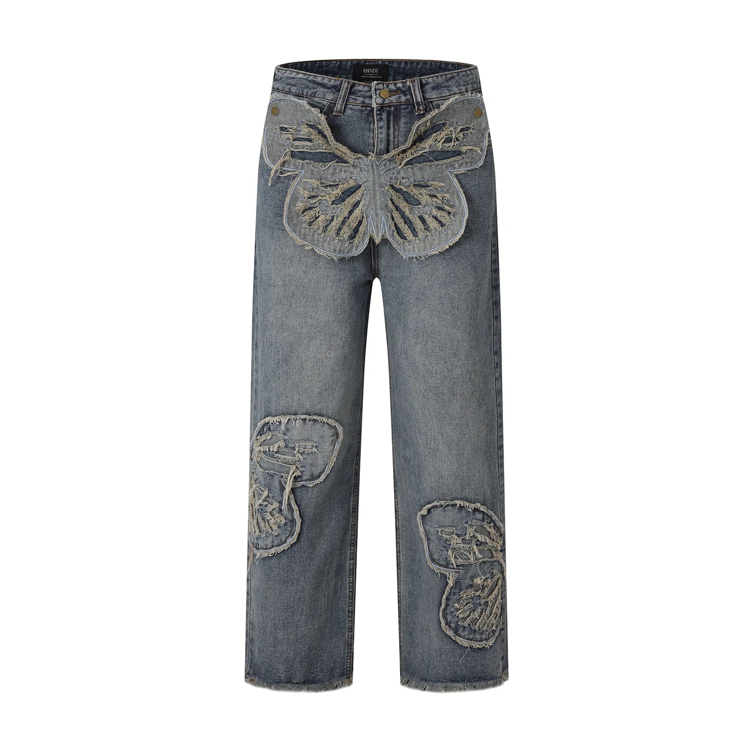 butterfly patches embroidered washed straight vintage baggy fitting jeans for men high street distressed jeans pants women urban skinny jeans