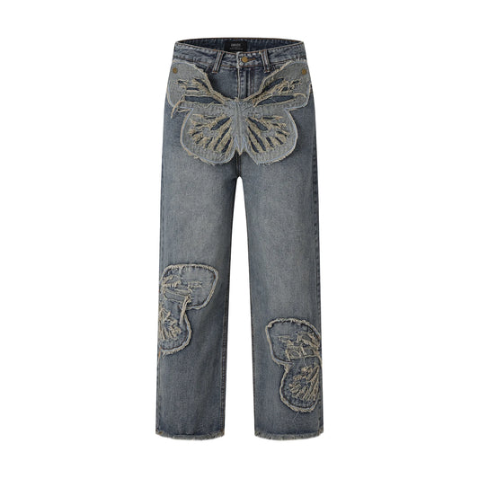 butterfly patches embroidered washed straight vintage baggy fitting jeans for men high street distressed jeans pants women urban skinny jeans
