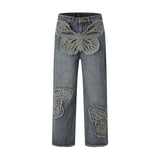 butterfly patches embroidered washed straight vintage baggy fitting jeans for men high street distressed jeans pants women urban skinny jeans
