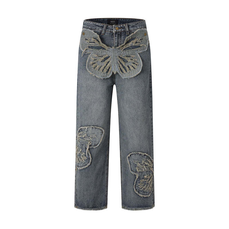 butterfly patches embroidered washed straight vintage baggy fitting jeans for men high street distressed jeans pants women urban skinny jeans