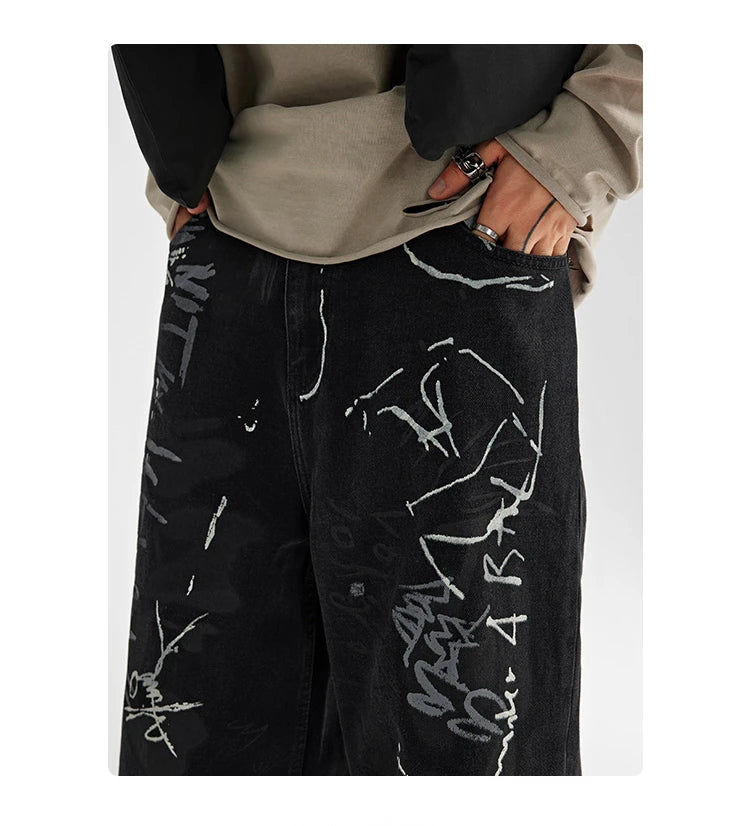 fashion graffiti printed denim jeans men unisex casual zipper wide legs straight jeans streetwear hip hop baggy pants joggers unique joggers style 5100