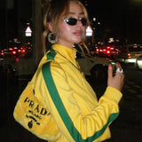 2000s Retro Grunge Gothic Jacket Coat Y2K Aesthetic Vintage Yellow Sweatshirts Letter Embroidery Graphic Pattern Zip Up Coat