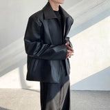 Black Cleanfit Shoulder Padded Leather Casual Jacket Men High End Hand