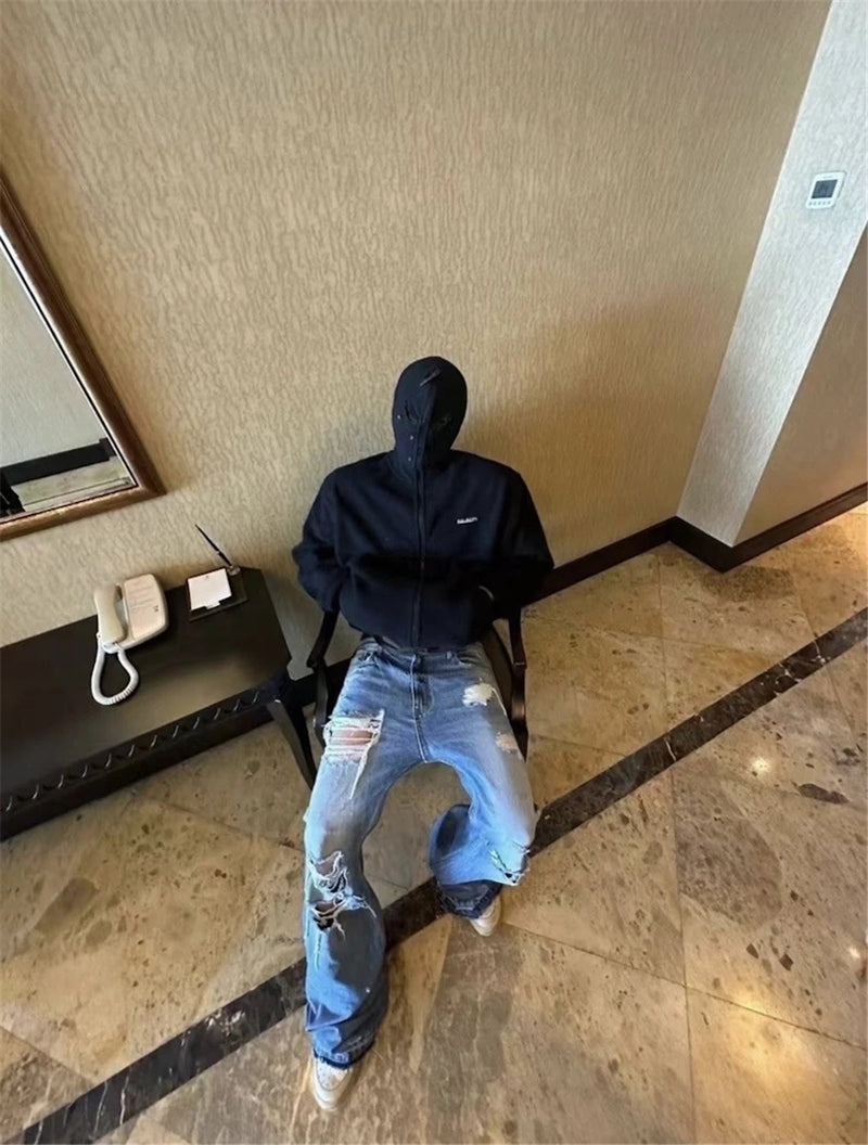 vintage ripped flared jeans blue straight baggy jeans trousers streetwear luxury loose casual distressed denim pants male unique jeans style 595