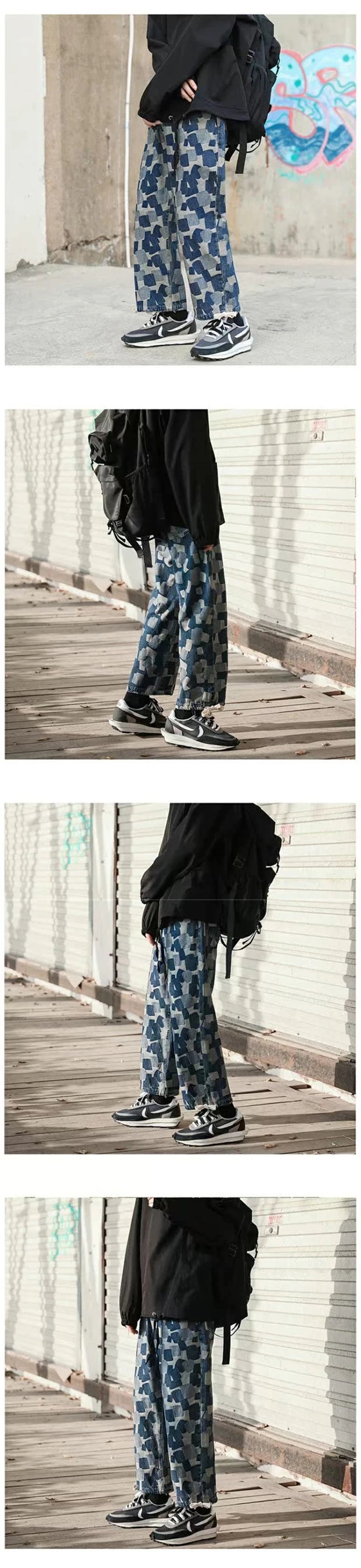 american plaid straight jeans mens casual streetwear printed denim pants autumn baggy classic wide leg retro y2k jean trousers unique jeans style 892