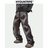 fashion loose streetwear denim pants unisex casual graffiti print wide legs jean pants hip hop trousers joggers mens baggy jeans urban active pants