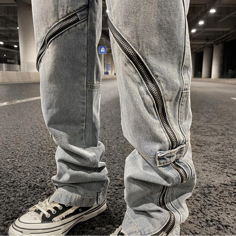 fashion denim straight pants hip hop jeans with zipper streetwear trousers new summer casual joggers men designer jeans for men unique joggers style 1158