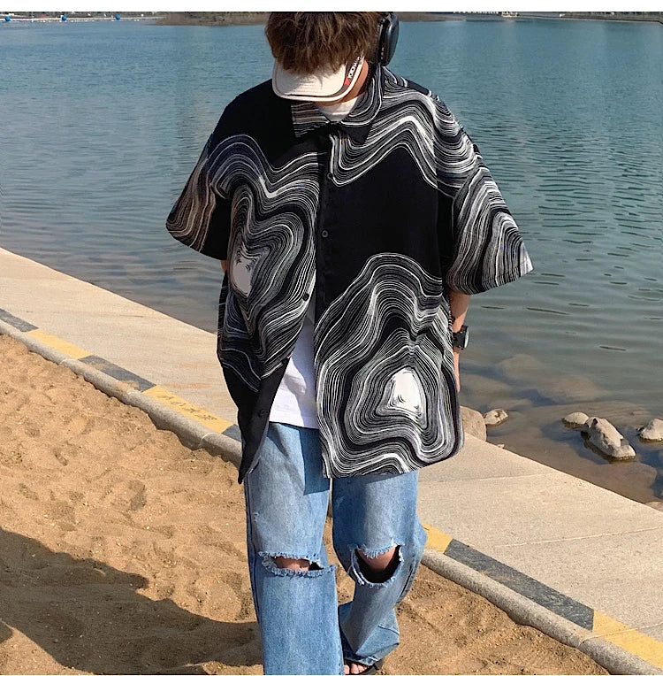 Summer Short Sleeved Shirt Men Retro Printed Shirt Men Streetwear Loose Ice Silk Shirt