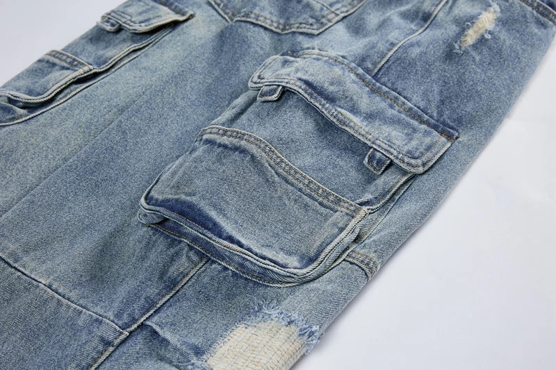 mens baggy jeans side big pocket distressed ripped denim jean straight pants high street cargo jean pants hip hop joggers jeans unique joggers style 3002