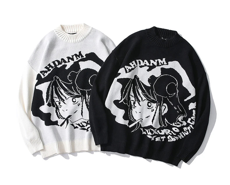 fashion knitted sweater autumn winter o neck anime characters pullover streetwear unisex casual loose sweaters jumper knitwears aesthetic street look hoodie, Y2K vintage urban hoodie, high quality cotton pullover