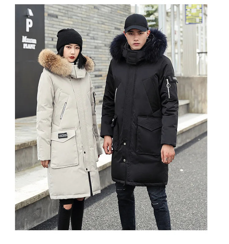 Korean Style Winter Long Parka Coat Men Woman Down Jacket Clothing Hooded Fur Collar Thicken Warm Leisure Lovers Overcoat