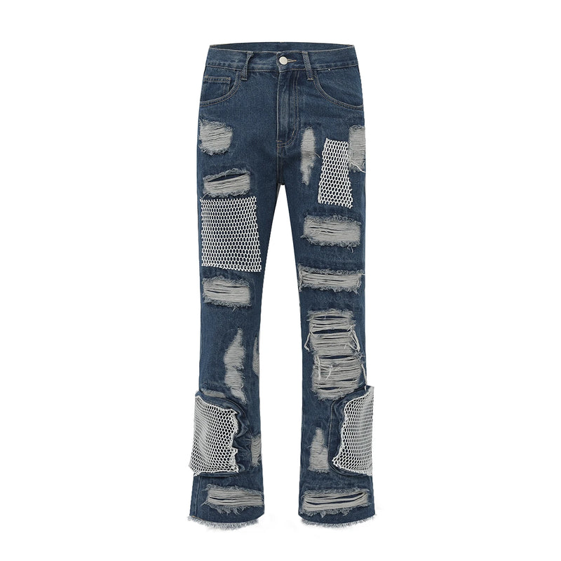 distressed skinny flared micro flare jean for mens mesh big destroyed ripped denim jeans hip hop biker jeans pants male unique jeans style 1313