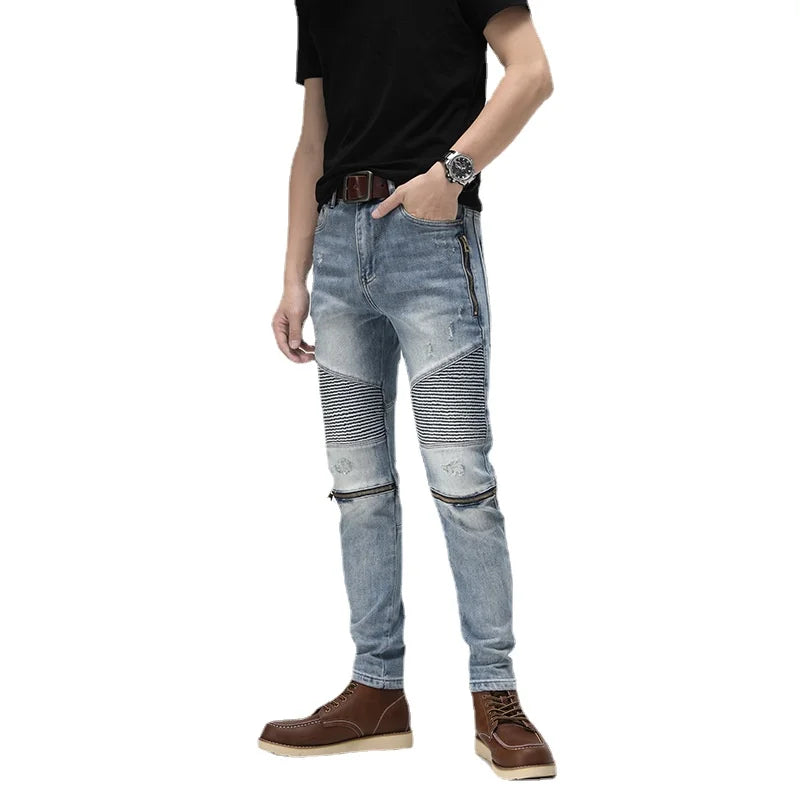 knee zipper patchwork pleated skinny denim jeans men casual slim biker trousers jeans fashion streetwear hip hop pants joggers unique joggers style 1132