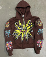 Street Fashion Brand Retro Zipper Hoodie Men Anime Graffiti Print Over