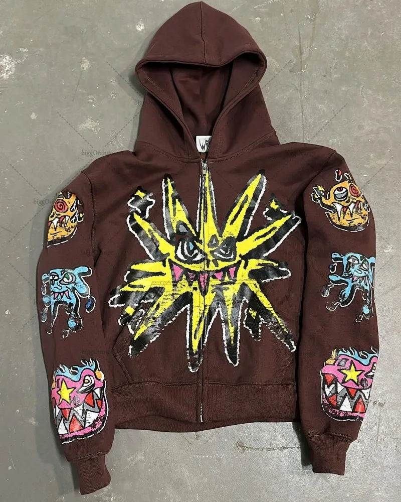 Street Fashion Brand Retro Zipper Hoodie Men Anime Graffiti Print Over