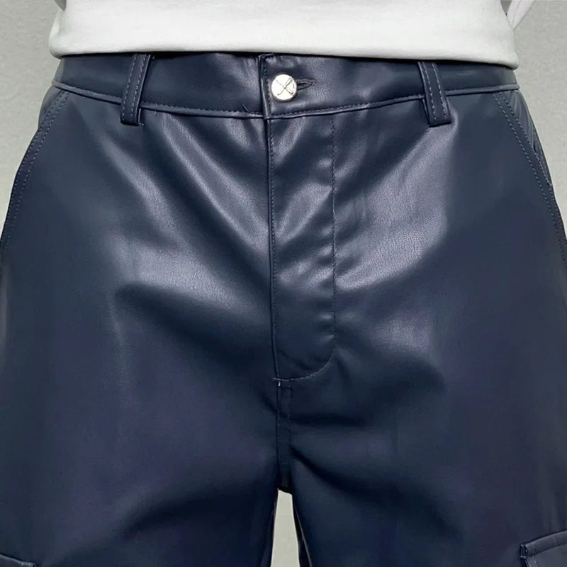 pu leather pants mens streetwear fashion hip hop vibe casual faux leather cargo flared pant men motorcycle trousers unique cargo style 3067