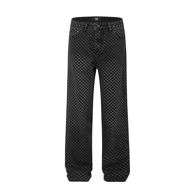 men streetwear fashion hip hop loose casual print black plaid denim pant jeans man vibe straight cowboy baggy jeans trousers unique jeans style 1573
