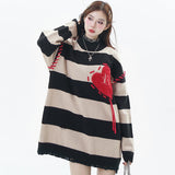 hip hop destroyed ripped holes knitted sweater mens casual y2k striped o neck pullover sweater unisex harajuku streetwear jumper - Y2K grunge street style, vintage look oversized hoodie, graphic printed hoodie for men and women